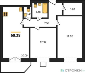 Планировка двухкомнатной(квартира) площадью 68.28 квадратных метров в ЖК “ЖК Мечта”
