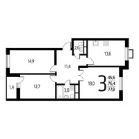 Планировка трехкомнатной(квартира) площадью 77.8 квадратных метров в “Новые Ватутинки. Заречный”