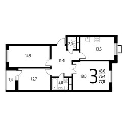 Планировка трехкомнатной(квартира) площадью 77.8 квадратных метров в ЖК “Новые Ватутинки. Заречный”