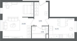 Планировка однокомнатной(квартира) площадью 44.5 квадратных метров в “ЖК Равновесие”
