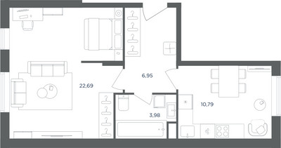 Планировка однокомнатной(квартира) площадью 44.5 квадратных метров в ЖК “ЖК Равновесие”