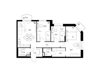 Планировка трехкомнатной(квартира) площадью 79.5 квадратных метров в ЖК “ЖК Руставели 14”