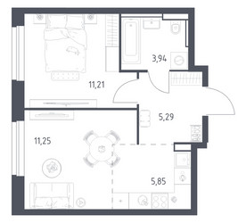Планировка однокомнатной(квартира) площадью 37.54 квадратных метров в ЖК “ЖК Квартал Строгино”