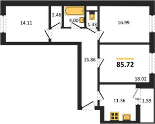 Планировка трехкомнатной(квартира) площадью 85.72 квадратных метров в ЖК “ЖК Эдельвейс (Первомайское)”