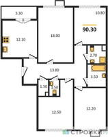 Планировка 4+ комнатной(квартира) площадью 90.3 квадратных метров в “ЖК Первый Лермонтовский”