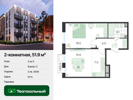 Планировка двухкомнатной(квартира) площадью 51.9 квадратных метров в “ЖК Театральный”