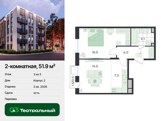 Планировка двухкомнатной(квартира) площадью 51.9 квадратных метров в ЖК “ЖК Театральный”