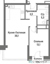 Планировка однокомнатной(квартира) площадью 52.8 квадратных метров в ЖК “ЖК Ренессанс”