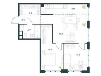 Планировка трехкомнатной(квартира) площадью 68 квадратных метров в ЖК “ЖК Левел Южнопортовая”
