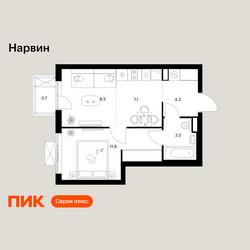 Планировка однокомнатной(квартира) площадью 35.9 квадратных метров в ЖК “Нарвин”