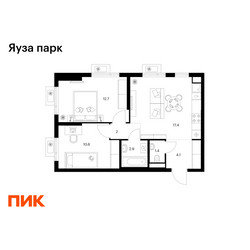 Планировка двухкомнатной(квартира) площадью 51.1 квадратных метров в ЖК “ЖК Яуза Парк (Мытищи)”