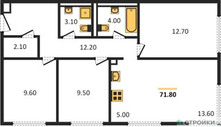 Планировка трехкомнатной(квартира) площадью 71.8 квадратных метров в “ЖК Верейская 41”
