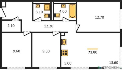 Планировка трехкомнатной(квартира) площадью 71.8 квадратных метров в ЖК “ЖК Верейская 41”