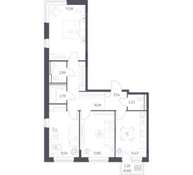 Планировка трехкомнатной(квартира) площадью 79.83 квадратных метров в ЖК “ЖК Подольские кварталы”