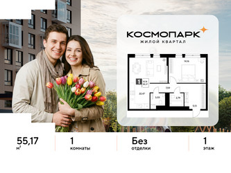 Планировка однокомнатной(квартира) площадью 55.17 квадратных метров в ЖК “ЖК ЭВО”