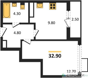 Планировка однокомнатной(квартира) площадью 32.9 квадратных метров в ЖК “ЖК Бунинские кварталы”