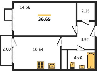 Планировка однокомнатной(квартира) площадью 36.65 квадратных метров в ЖК “ЖК Катуар”
