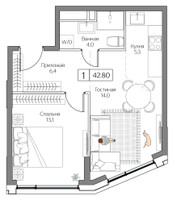 Планировка однокомнатной(квартира) площадью 42 квадратных метров в “ЖК Дрим Рива”