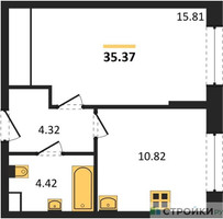 Планировка однокомнатной(квартира) площадью 35.37 квадратных метров в “Жилые кварталы Новое Пушкино”