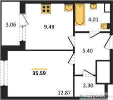 Планировка однокомнатной(квартира) площадью 35.59 квадратных метров в “Жилые кварталы Новое Пушкино”