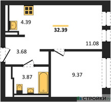Планировка однокомнатной(квартира) площадью 32.39 квадратных метров в “ЖК Егорово Парк”