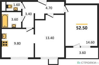 Планировка двухкомнатной(квартира) площадью 52.5 квадратных метров в ЖК “ЖК ЮЖНАЯ БИТЦА”