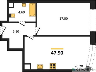 Планировка однокомнатной(квартира) площадью 47.9 квадратных метров в ЖК “ЖК Нагатино Ай-Лэнд”