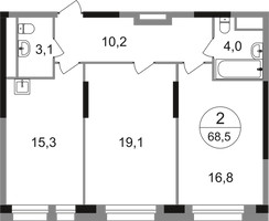Планировка двухкомнатной(квартира) площадью 68.5 квадратных метров в “ЖК Первый Московский”