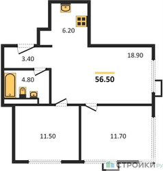 Планировка двухкомнатной(квартира) площадью 56.5 квадратных метров в ЖК “ЖК Верейская 41”