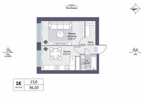Планировка однокомнатной(квартира) площадью 36.1 квадратных метров в “ЖК Новое Замитино (ЗаМитино)”