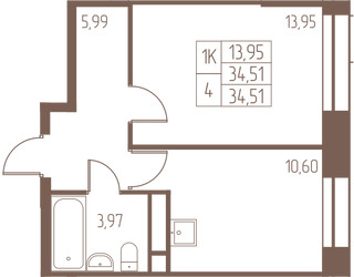 Планировка однокомнатной(квартира) площадью 34.5 квадратных метров в ЖК “ЖК Западная Ивантеевка”