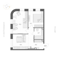 Планировка двухкомнатной(апартаменты) площадью 50.5 квадратных метров в “ЖК ARTEL (Артель)”