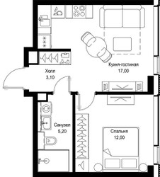 Планировка однокомнатной(квартира) площадью 37.3 квадратных метров в ЖК “Мультиквартал СИТИДЗЕН”