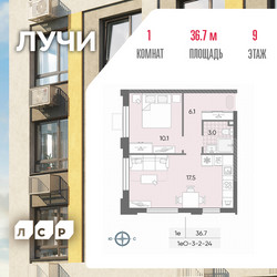 Планировка однокомнатной(квартира) площадью 36.7 квадратных метров в ЖК “ЖК Лучи”