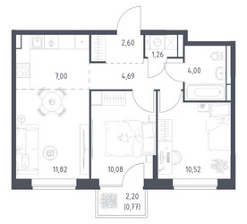 Планировка двухкомнатной(квартира) площадью 52.74 квадратных метров в ЖК “ЖК Богдановский Лес”
