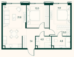 Планировка двухкомнатной(квартира) площадью 64.9 квадратных метров в “ЖК Клубный город на реке Primavera (Примавера)”