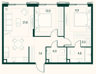 Планировка двухкомнатной(квартира) площадью 64.9 квадратных метров в ЖК “ЖК Клубный город на реке Primavera (Примавера)”