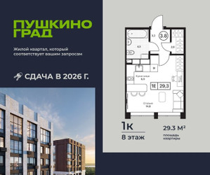 Планировка однокомнатной(квартира) площадью 29.3 квадратных метров в ЖК “ЖК Пушкино Град”