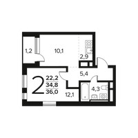 Планировка двухкомнатной(квартира) площадью 36 квадратных метров в “Новые Ватутинки. Заречный”