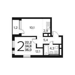 Планировка двухкомнатной(квартира) площадью 36 квадратных метров в ЖК “Новые Ватутинки. Заречный”