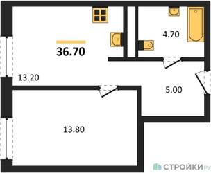 Планировка однокомнатной(квартира) площадью 36.7 квадратных метров в ЖК “ЖК Детали”