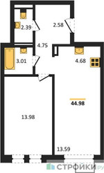 Планировка однокомнатной(квартира) площадью 44.98 квадратных метров в ЖК “ЖК Егорово Парк”