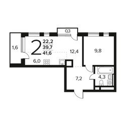 Планировка двухкомнатной(квартира) площадью 41.6 квадратных метров в ЖК “Новые Ватутинки. Заречный”