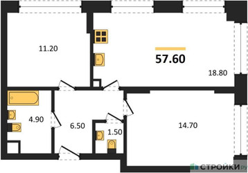 Планировка двухкомнатной(квартира) площадью 57.6 квадратных метров в ЖК “ЖК Wave (Вейв)”