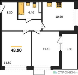 Планировка двухкомнатной(квартира) площадью 48.9 квадратных метров в ЖК “ЖК Скандинавия”