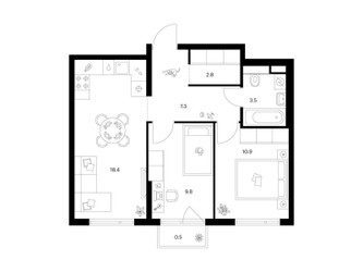 Планировка двухкомнатной(квартира) площадью 53.2 квадратных метров в ЖК “ЖК Руставели 14”