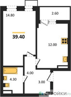 Планировка однокомнатной(квартира) площадью 39.4 квадратных метров в “ЖК Прокшино”