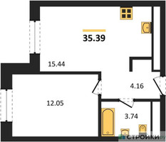 Планировка однокомнатной(квартира) площадью 35.5 квадратных метров в “ЖК Clementine (Клементин)”
