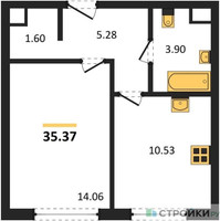 Планировка однокомнатной(квартира) площадью 35.37 квадратных метров в “ЖК Одинград. Квартал Семейный”