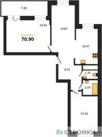 Планировка двухкомнатной(квартира) площадью 70.9 квадратных метров в “ЖК ВОСТОК II”